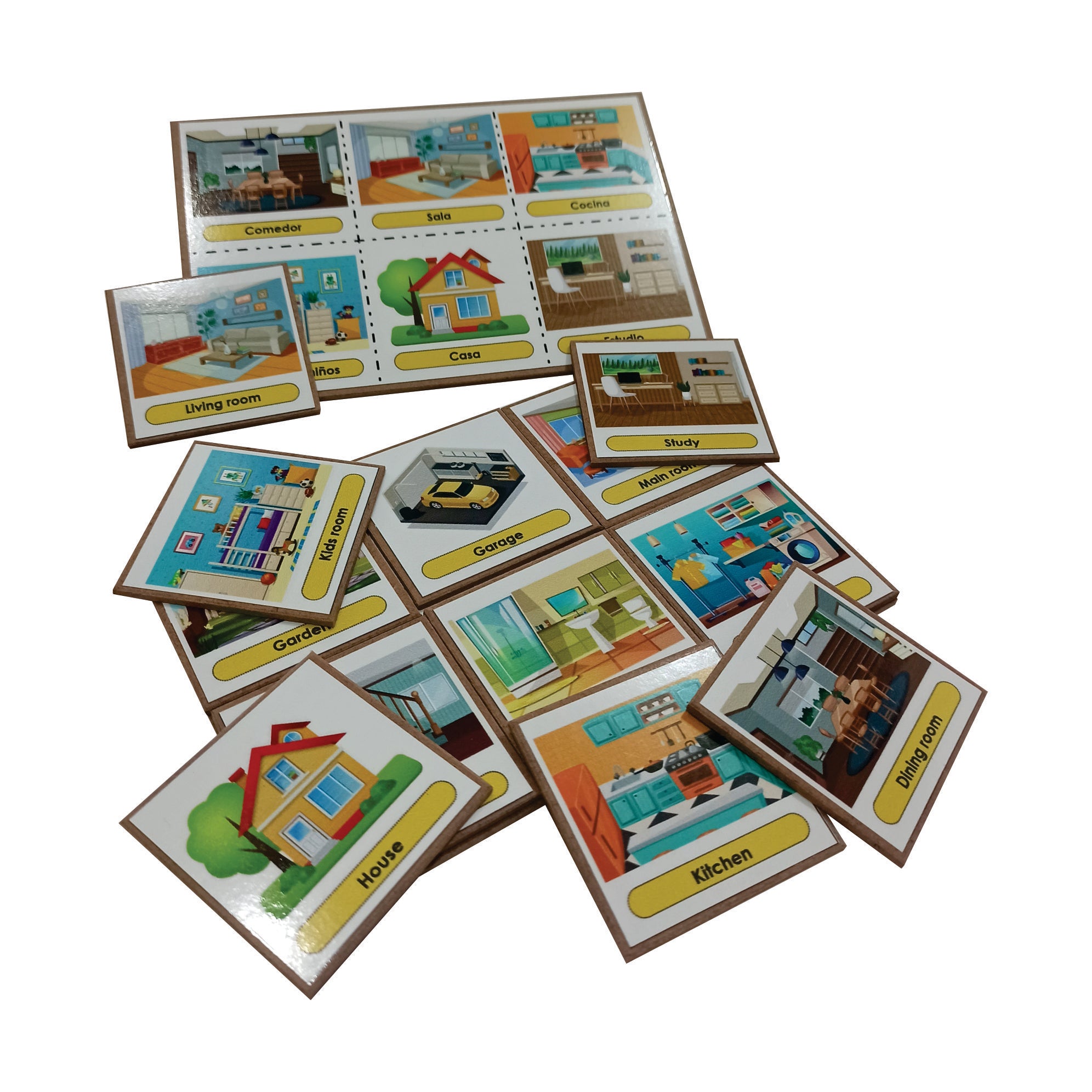 Lotería en caja 12 fichas partes de la casa español ingles