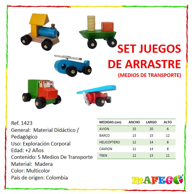 Set juegos de arrastre medios de transporte avión, barco, helicóptero, camión y tren